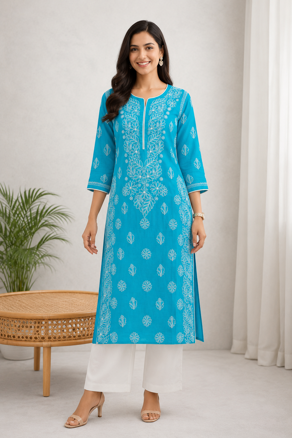 Karigiri Turquoise Blue Chikankari Rayon Cotton Kurti for Women