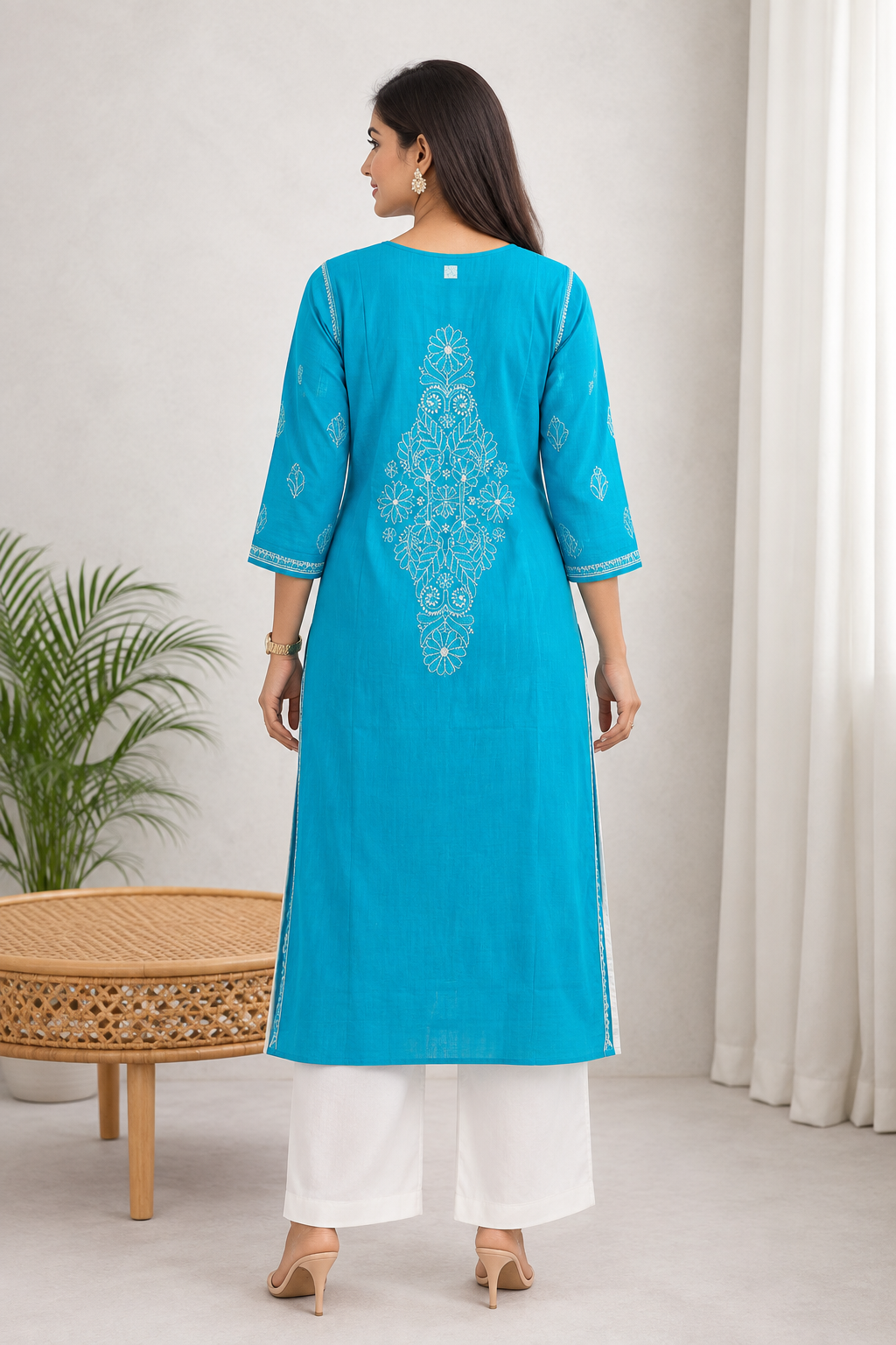 Karigiri Turquoise Blue Chikankari Rayon Cotton Kurti for Women