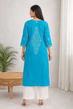 Karigiri Turquoise Blue Chikankari Rayon Cotton Kurti for Women