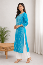 Karigiri Turquoise Blue Chikankari Rayon Cotton Kurti for Women