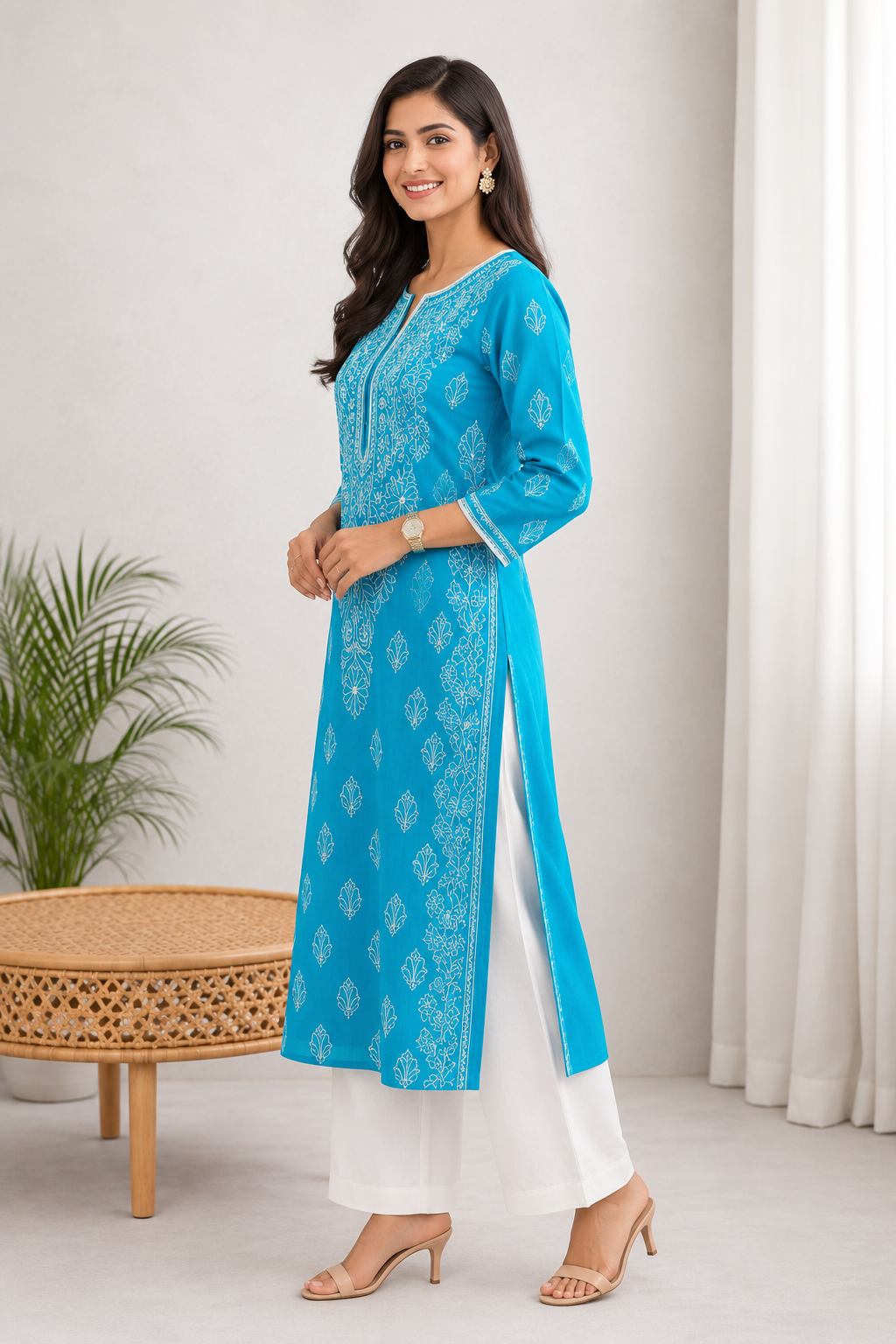 Karigiri Turquoise Blue Chikankari Rayon Cotton Kurti for Women