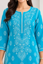 Karigiri Turquoise Blue Chikankari Rayon Cotton Kurti for Women