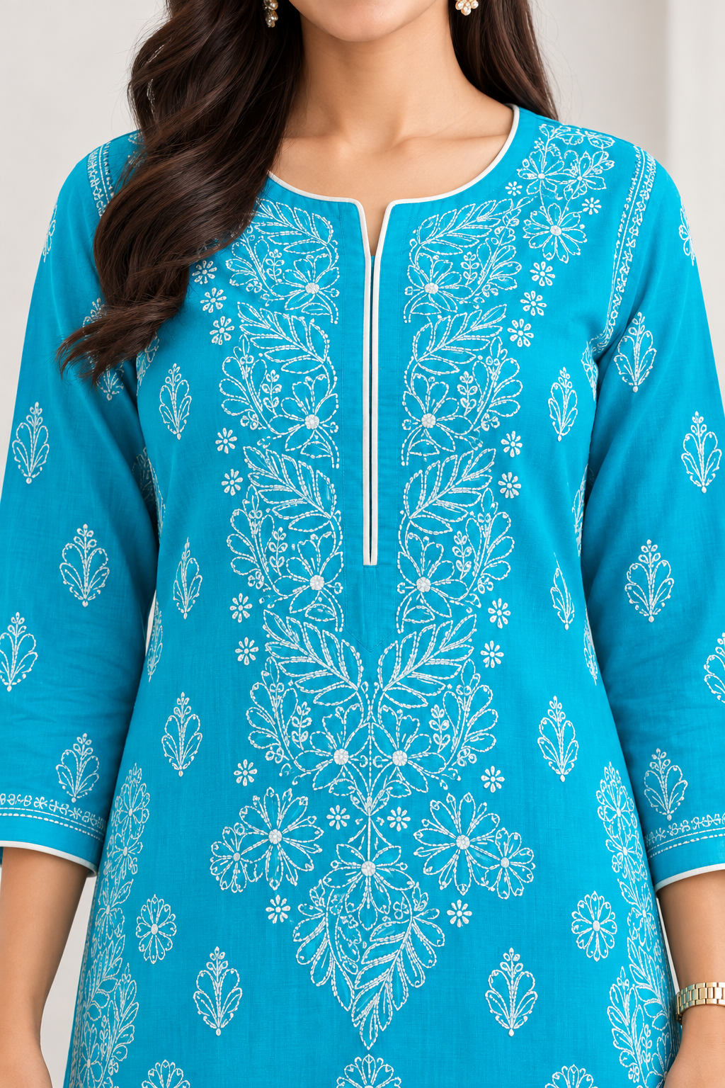 Karigiri Turquoise Blue Chikankari Rayon Cotton Kurti for Women