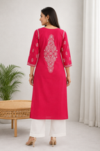 Karigiri Rani Pink Chikankari Rayon Cotton Kurti Women