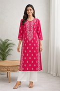 Karigiri Rani Pink Chikankari Rayon Cotton Kurti Women
