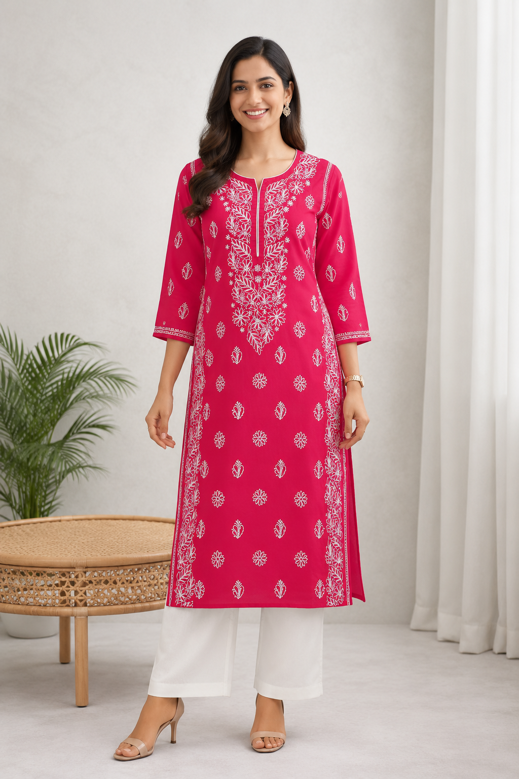 Karigiri Rani Pink Chikankari Rayon Cotton Kurti Women