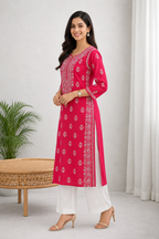 Karigiri Rani Pink Chikankari Rayon Cotton Kurti Women