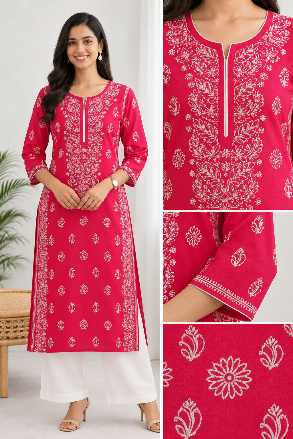 Karigiri Rani Pink Chikankari Rayon Cotton Kurti Women