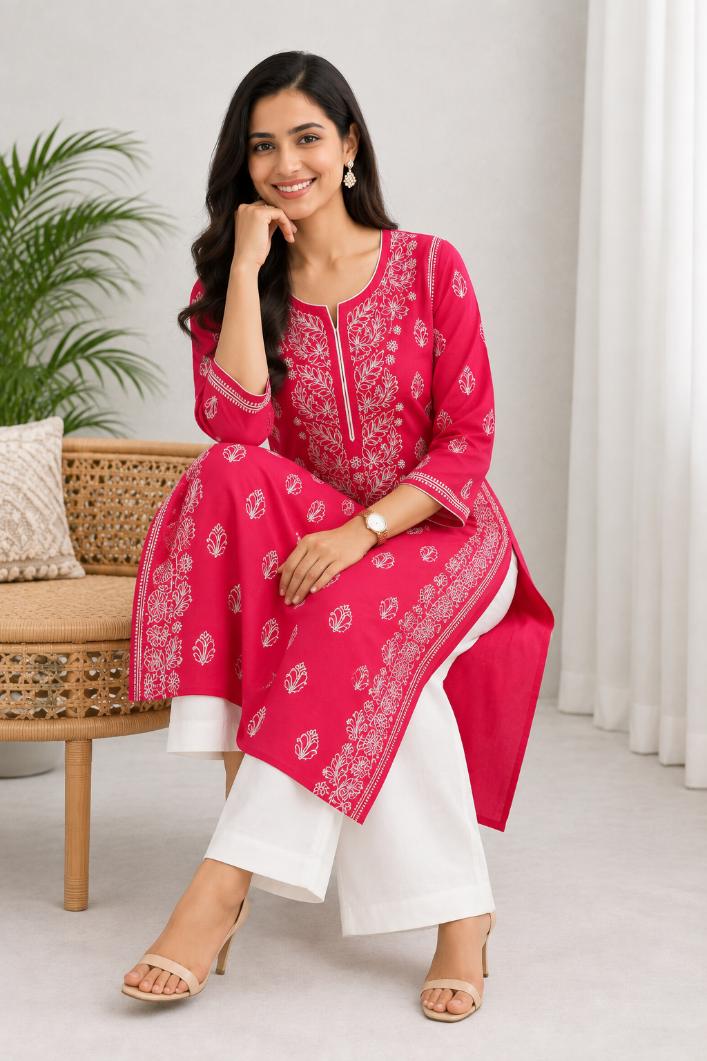 Karigiri Rani Pink Chikankari Rayon Cotton Kurti Women