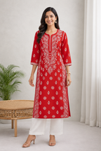 Karigiri Coral Red Chikankari Rayon Cotton Kurti Women
