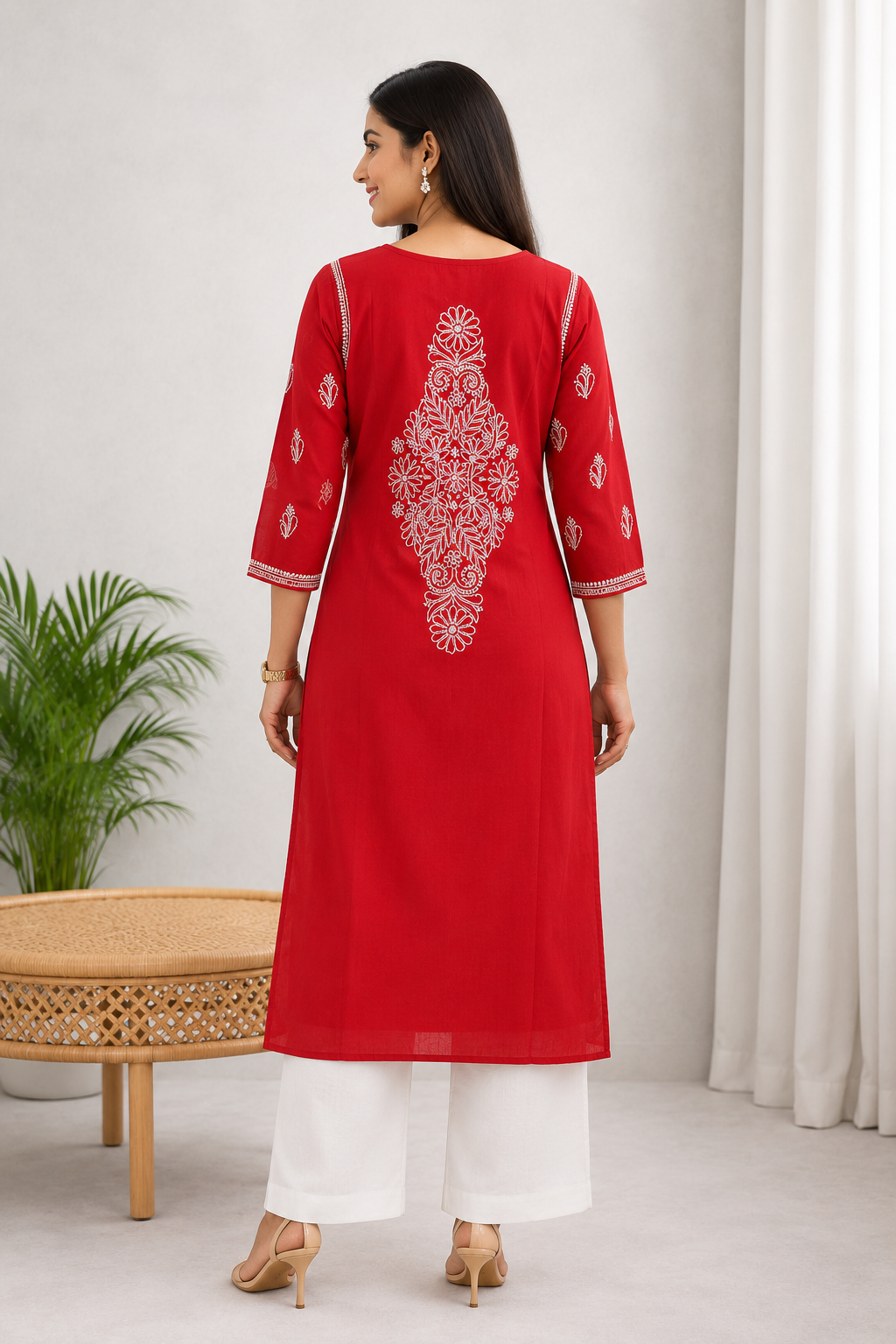 Karigiri Coral Red Chikankari Rayon Cotton Kurti Women