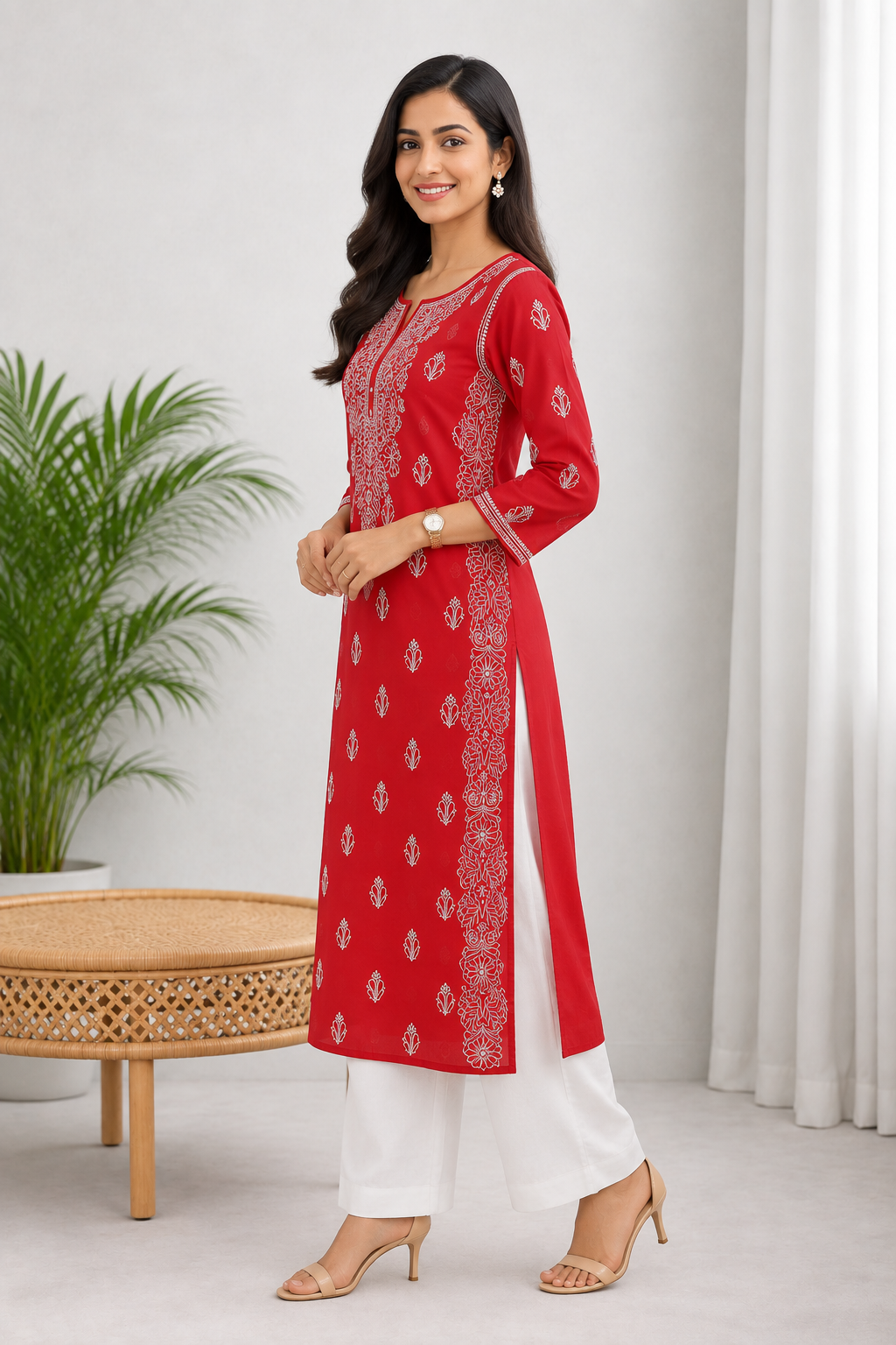 Karigiri Coral Red Chikankari Rayon Cotton Kurti Women