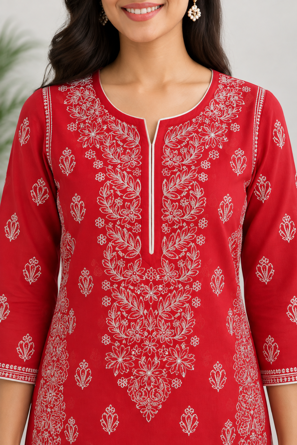 Karigiri Coral Red Chikankari Rayon Cotton Kurti Women