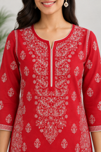 Karigiri Coral Red Chikankari Rayon Cotton Kurti Women