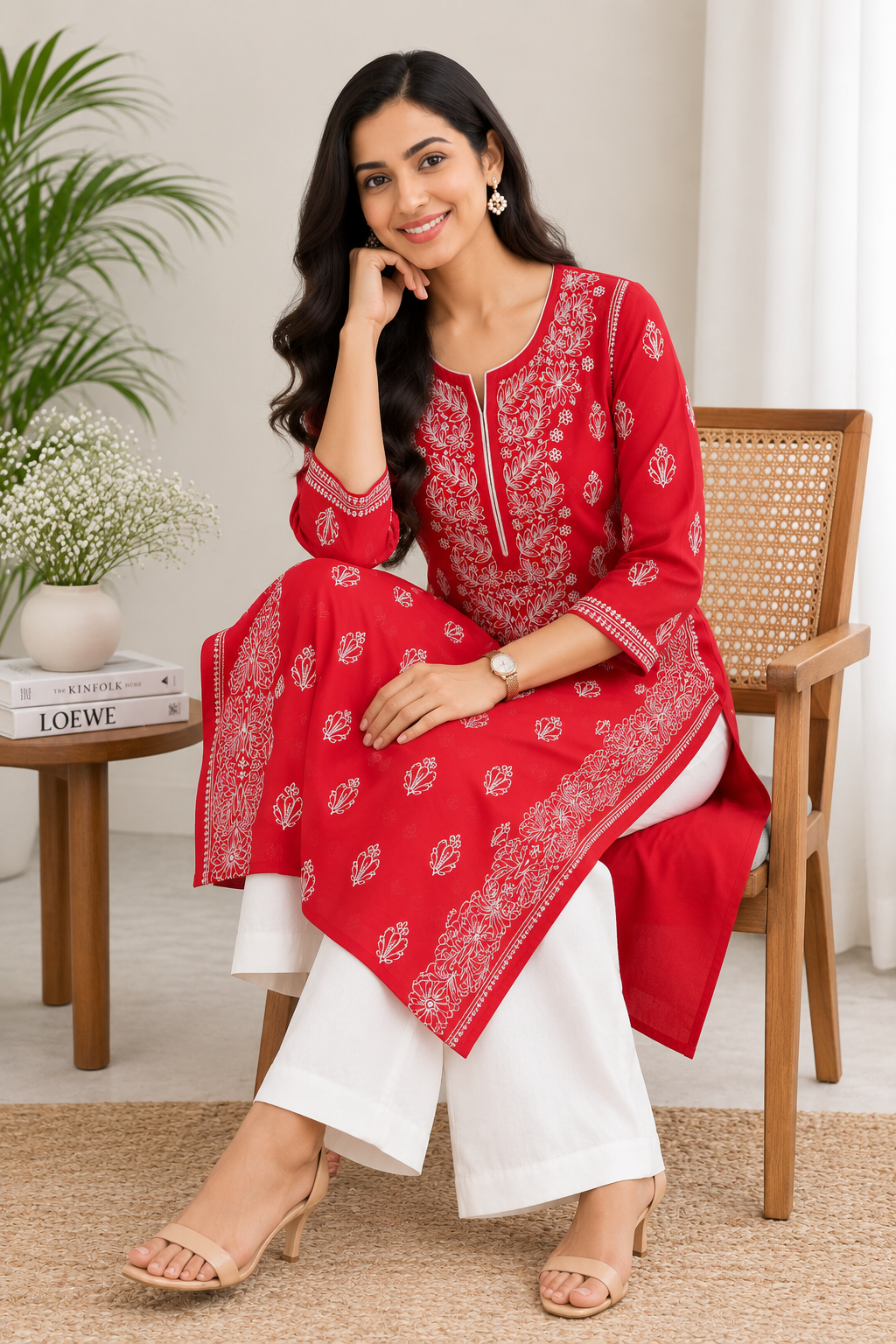 Karigiri Coral Red Chikankari Rayon Cotton Kurti Women