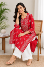Karigiri Coral Red Chikankari Rayon Cotton Kurti Women