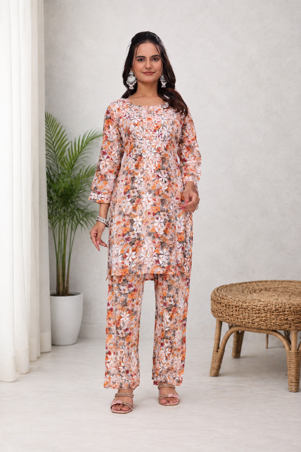 Karigiri Orange Chikankari Cotton Co-Ord Set Women_KF0060