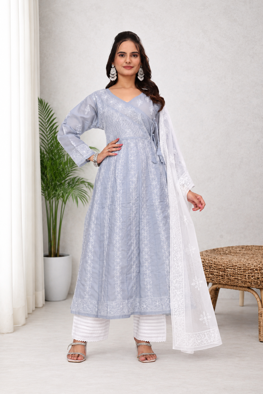 Karigiri Light Grey Embroidered Angrakha Kurta_KF0115
