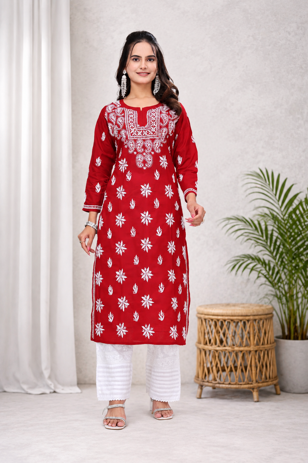 Karigiri Red Cotton Chikankari Kurti Lucknowi_KF0163