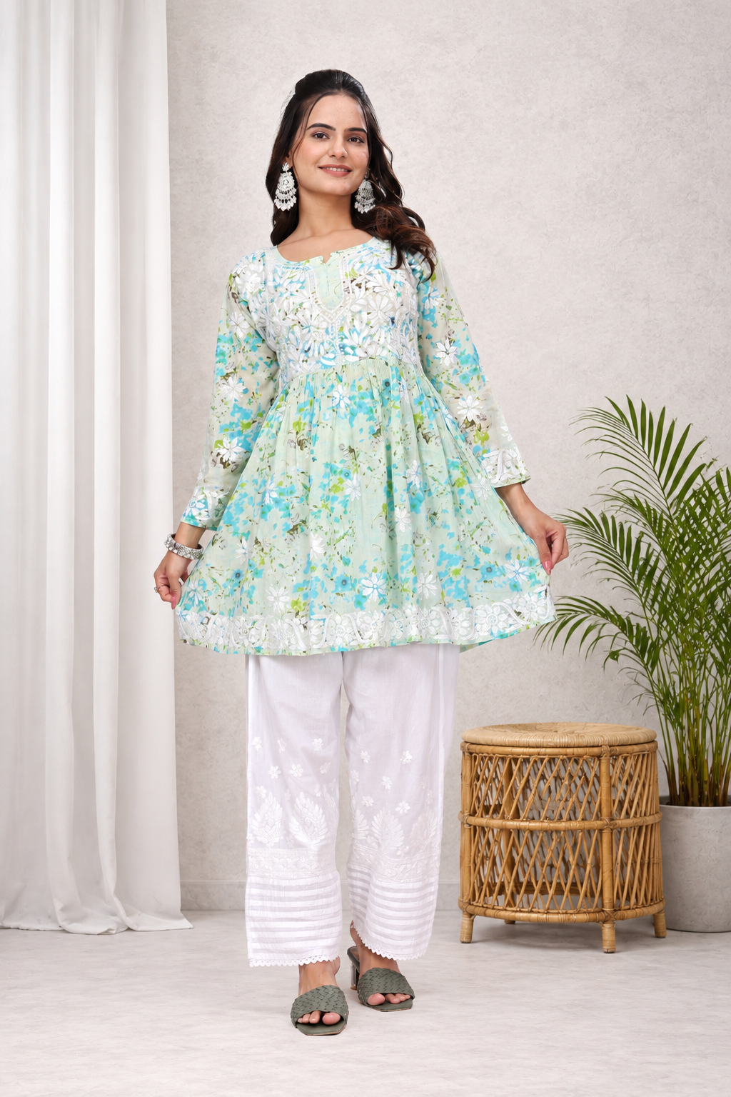 Karigiri Green Floral Chikankari Frock Style Short Kurta_KF0122