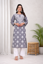 Karigiri Grey Chikankari Modal Cotton Kurti_KF0041
