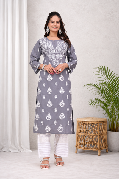 Karigiri Grey Chikankari Modal Cotton Kurti_KF0041