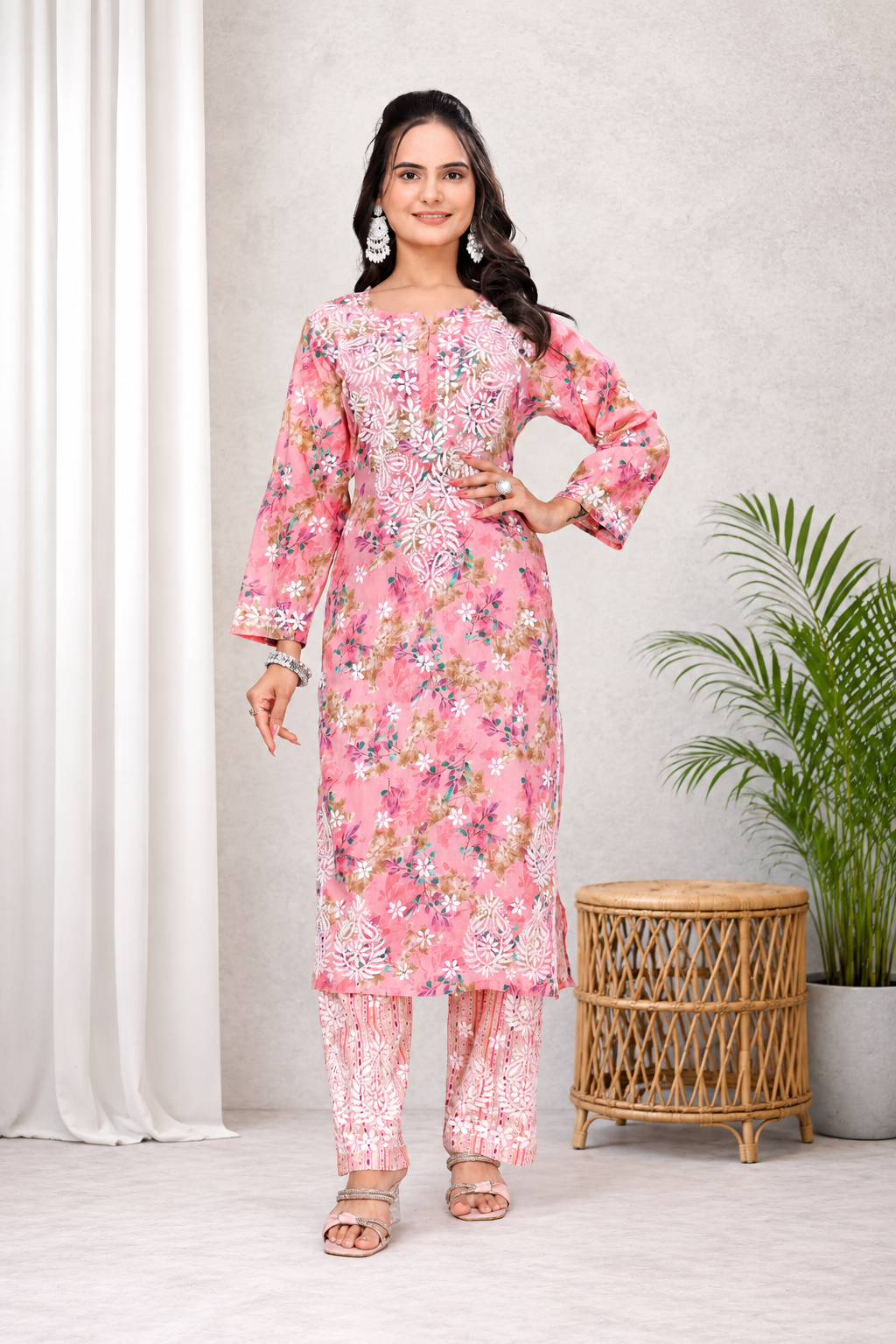 Karigiri Pink Floral Chikankari Cotton Kurti Set_KF0059