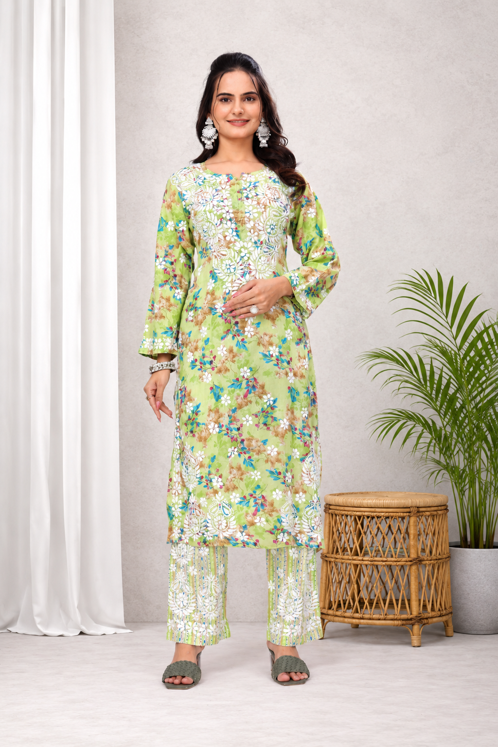 Karigiri Green Floral Chikankari Cotton Kurti Set_KF0058