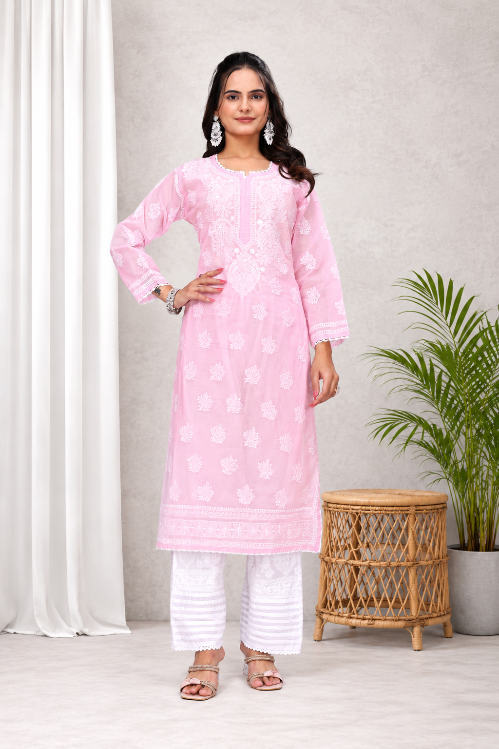 Karigiri Pink Chikankari Pure Cotton Kurta Women_KF0073