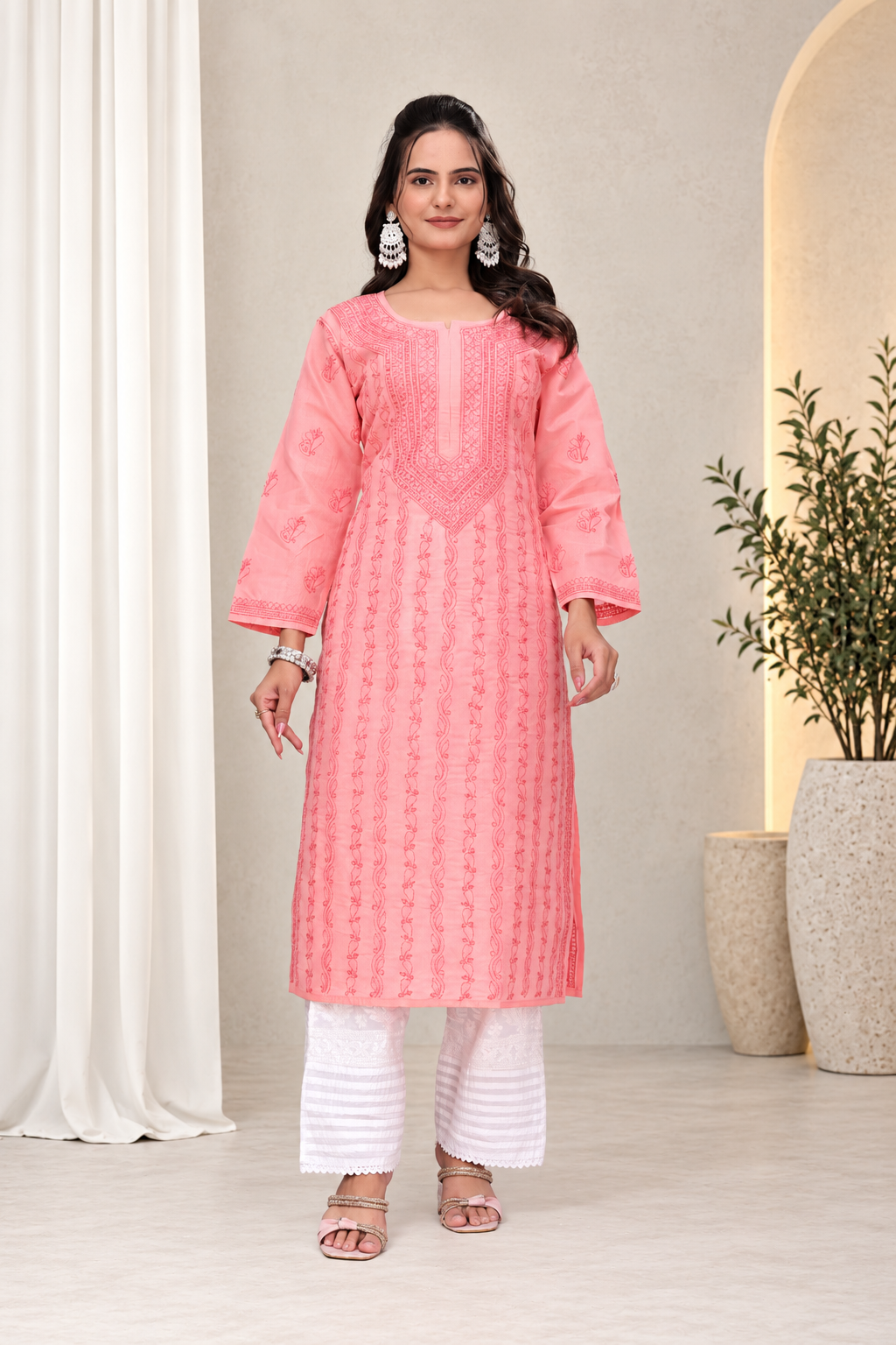 Karigiri Peach Pink Chikankari Cotton Kurti_KF0121