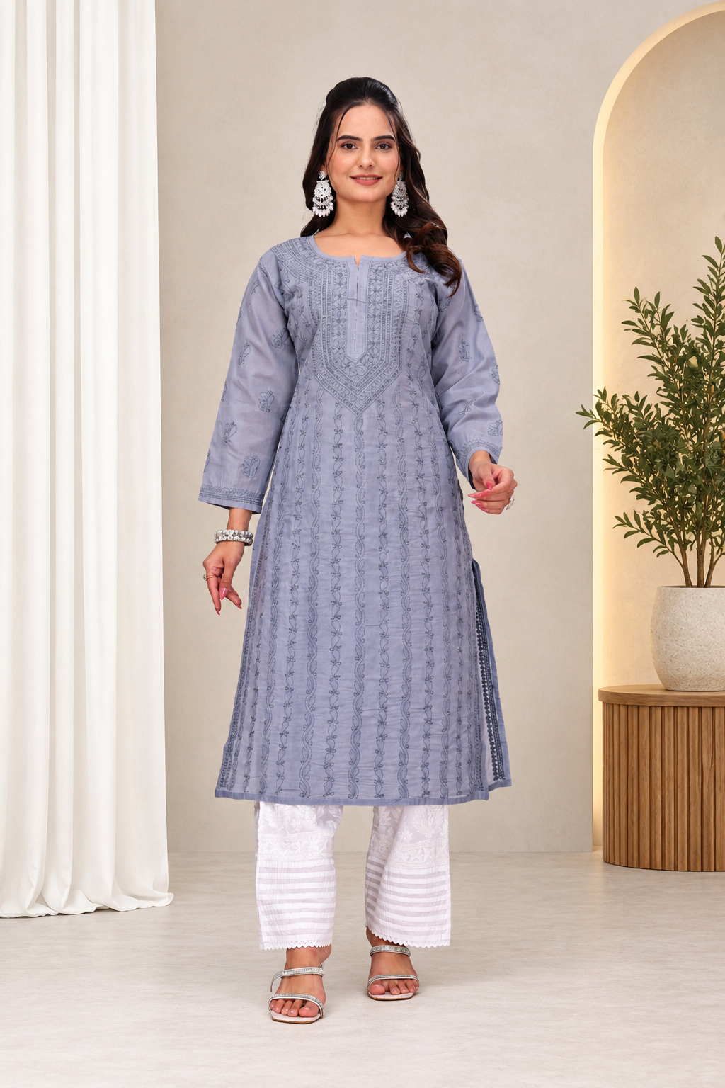Karigiri Grey Chikankari Cotton Kurti for Women_KF0210