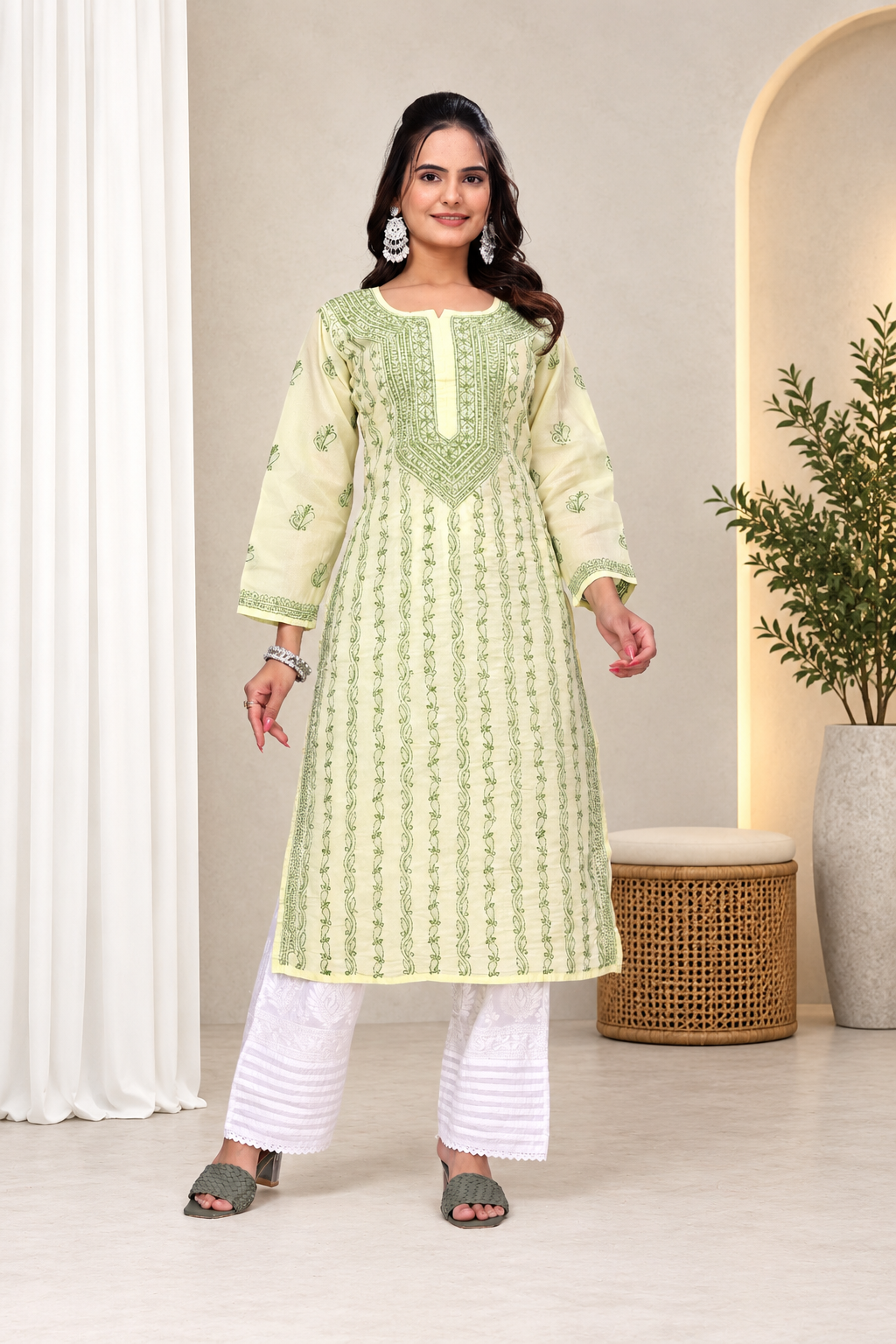 Karigiri Lemon Yellow Chikankari Cotton Kurta_KF0096