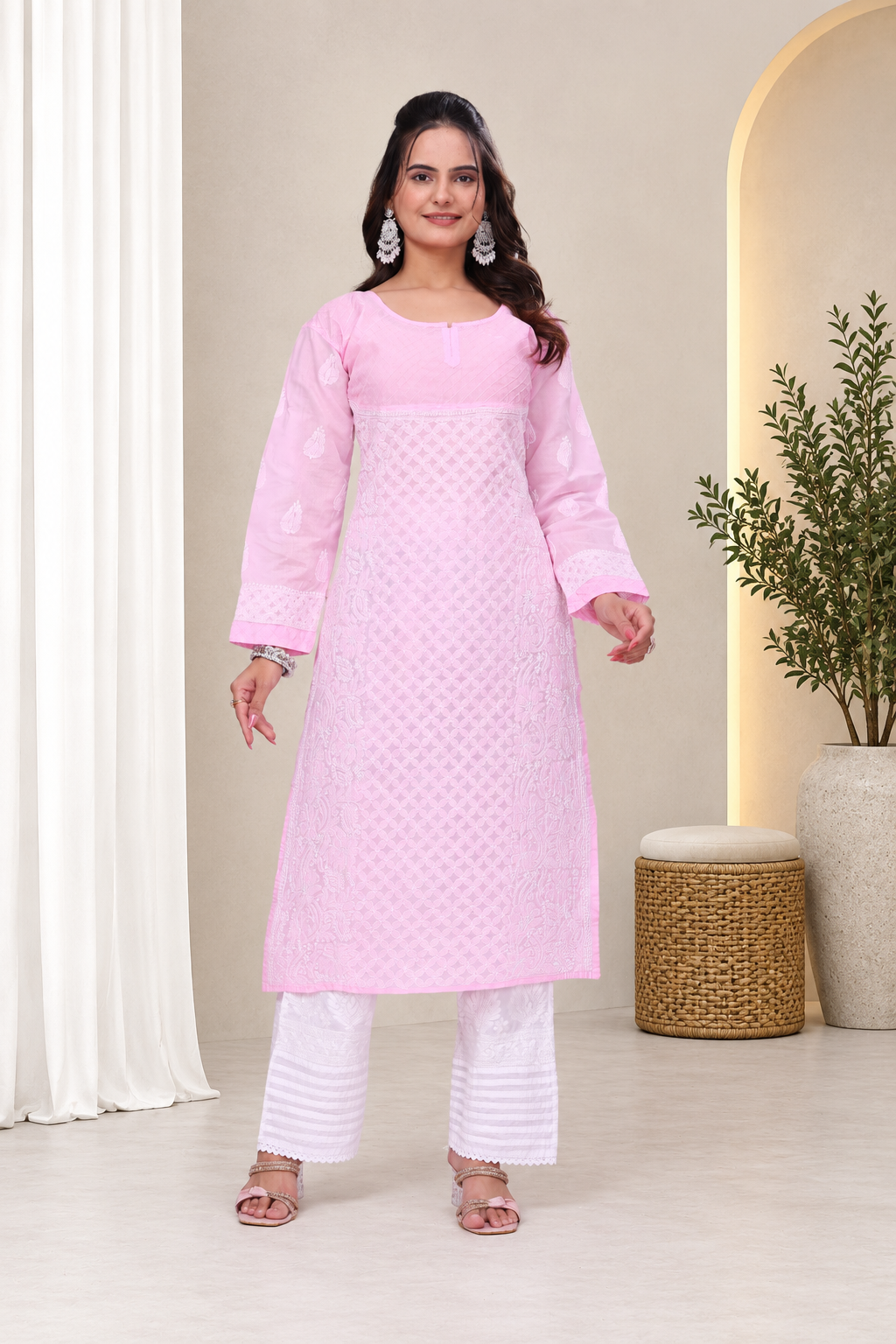 Karigiri Pink Chikankari Pure Cotton Kurta_KF0074