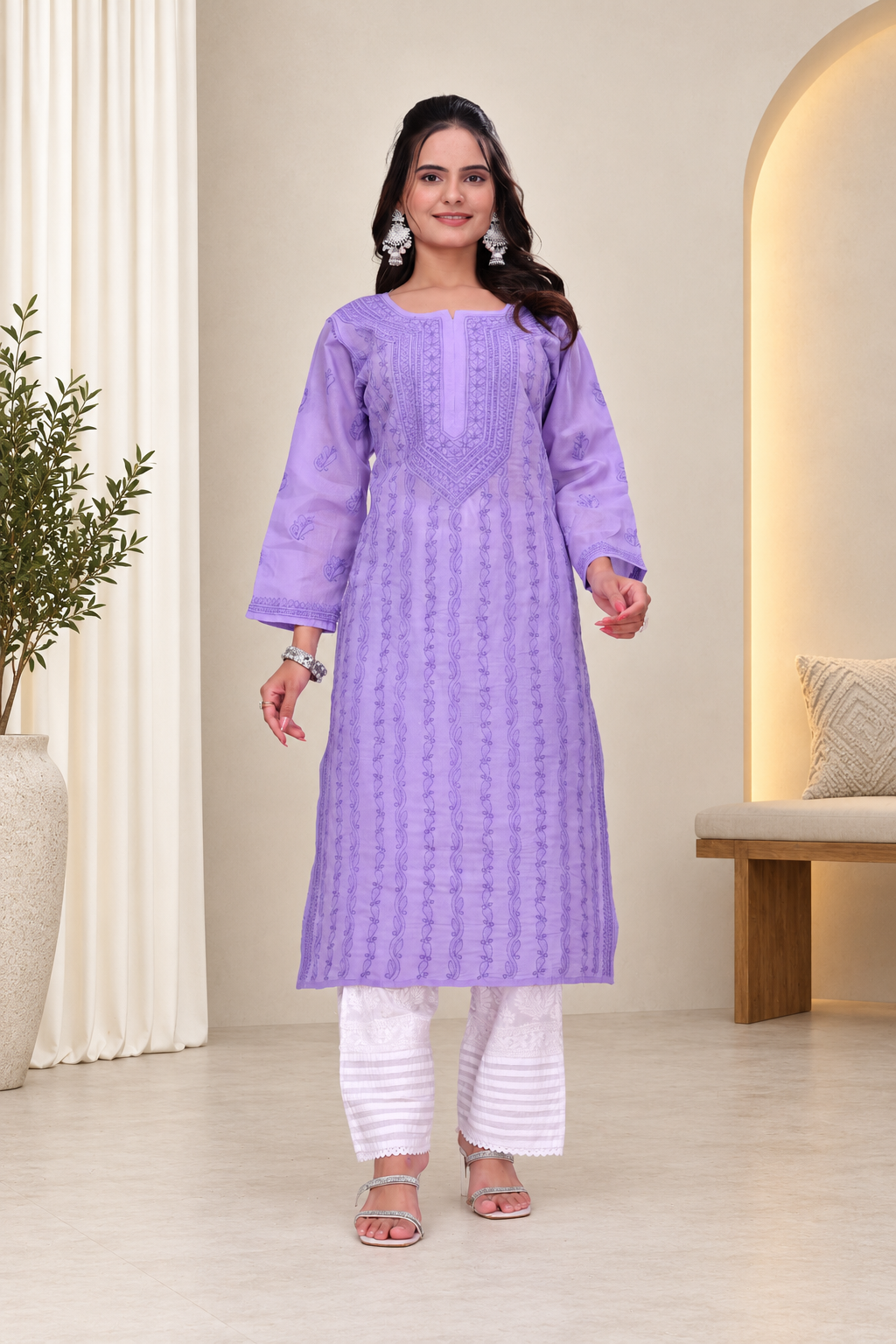 Karigiri Lavender Chikankari Pure Cotton Kurta Women_KF0124