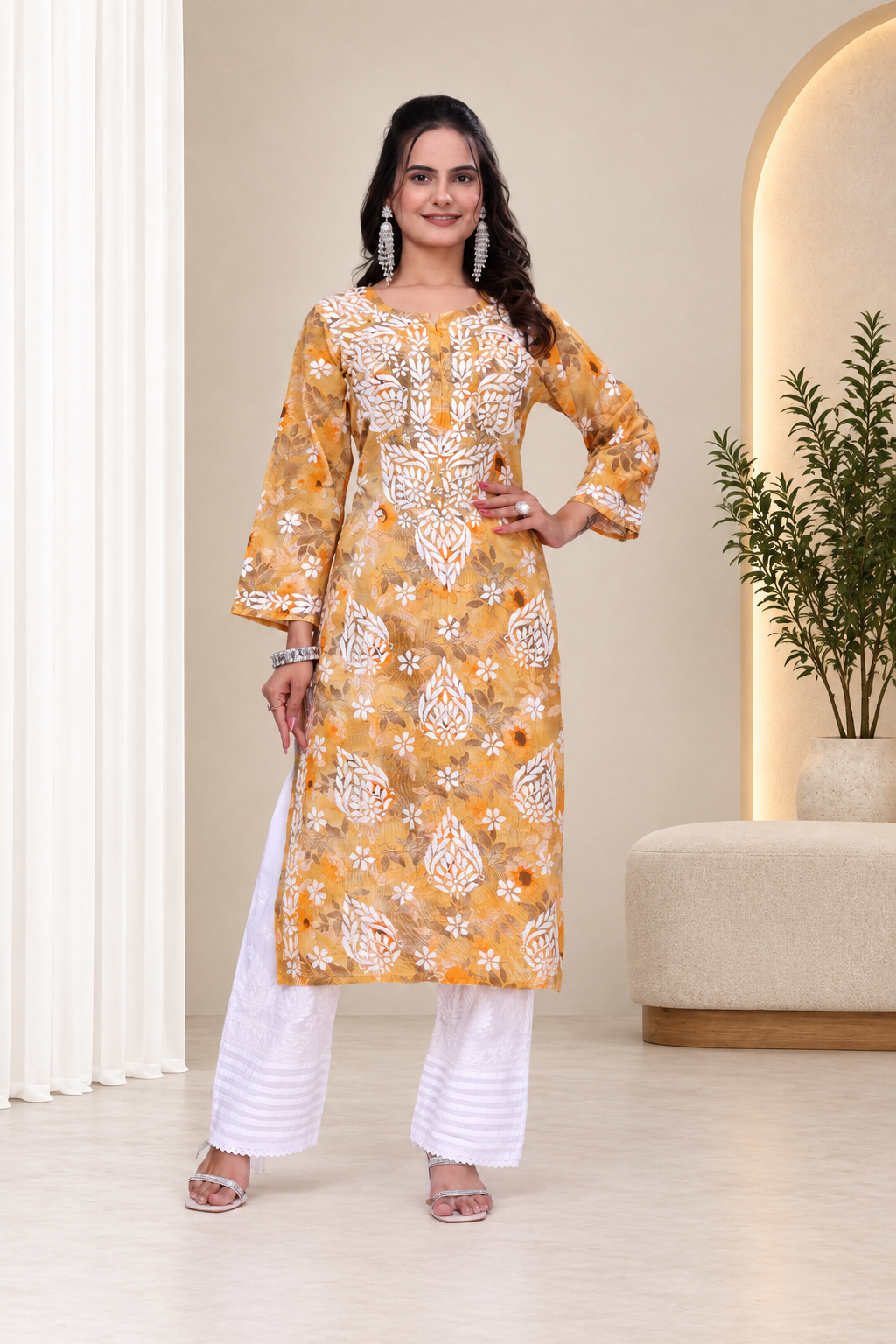 Karigiri Mustard Yellow Chikankari Printed Cotton Kurta_KF0220