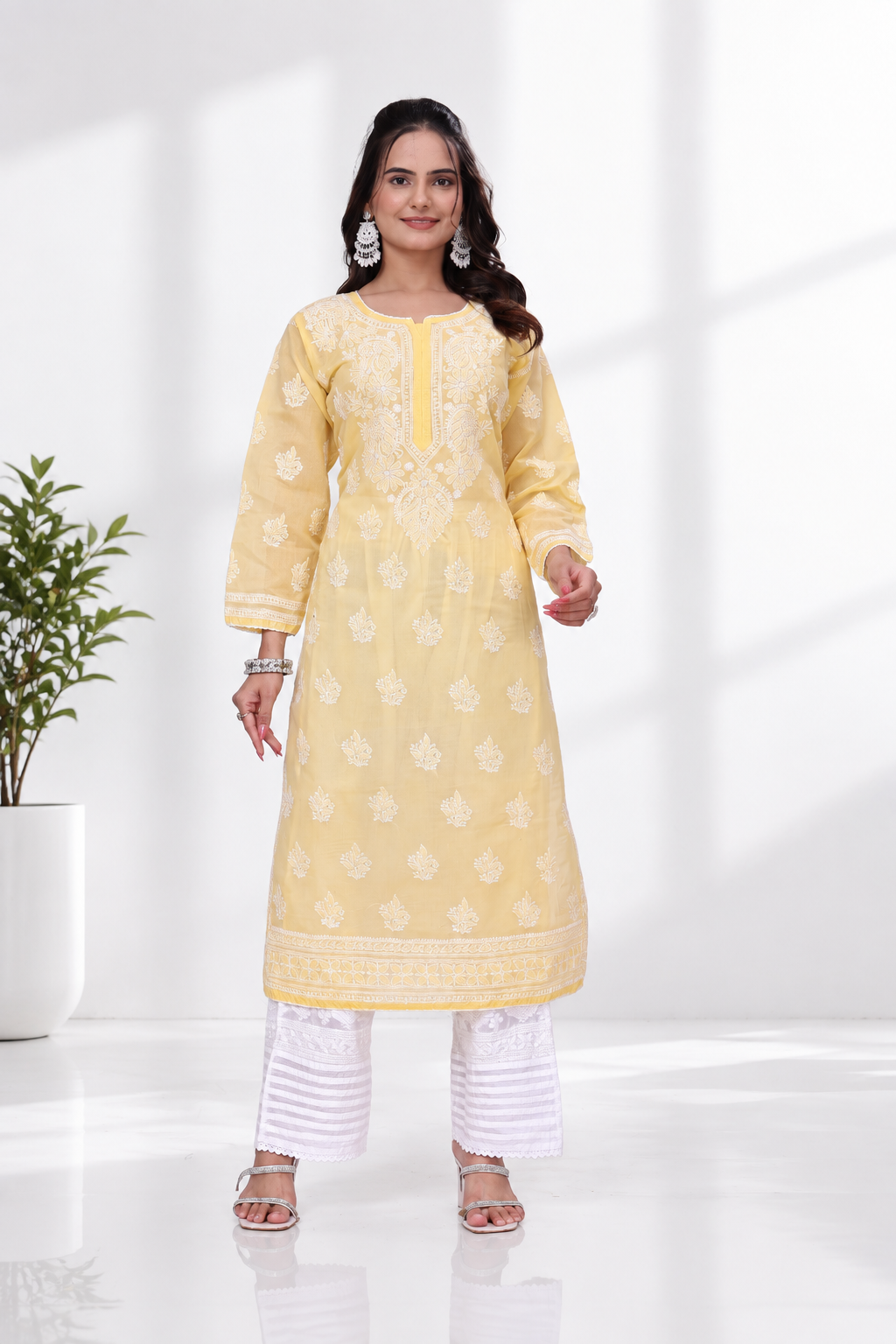 Karigiri Yellow Chikankari Pure Cotton Kurta Women_KF0077