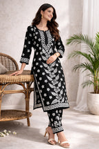 Karigiri Black White Chikankari Cotton Kurti Set_KF0008