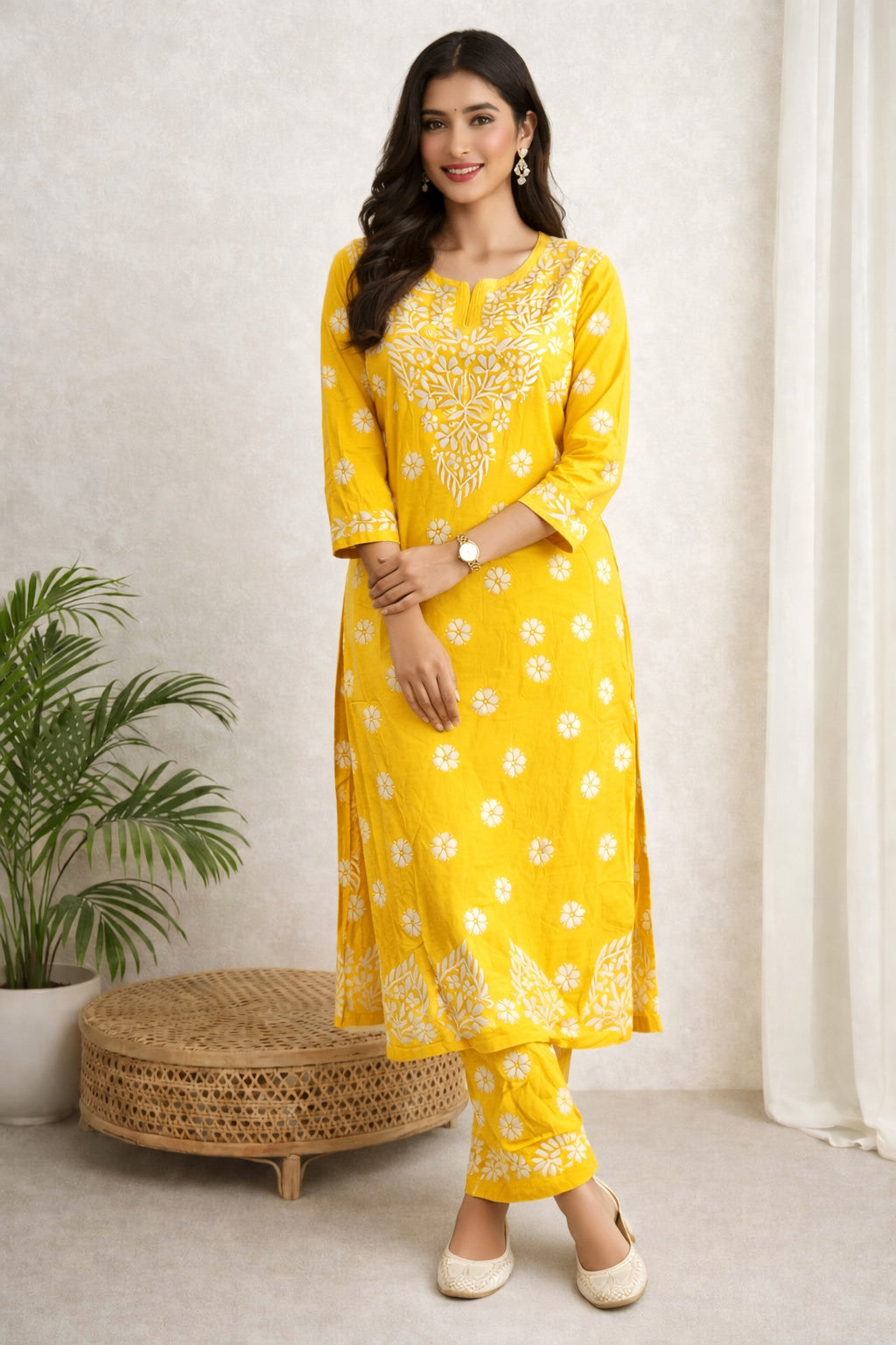 Karigiri Yellow Floral Lucknowi Chikankari Long Calf Length Kurti Set (Kurti with Same Pant), Hand Embroidered Soft Cotton, Straight Fit, Three-Quarter Sleeves, Round Neck