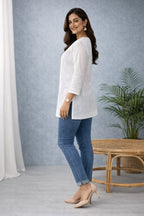 Karigiri White Chikankari Cotton Short Kurti_KF0200