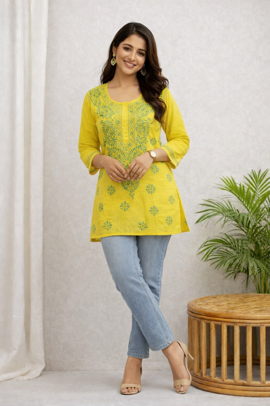 Karigiri Yellow Lucknowi Chikankari Short Hip Length Kurti with Green Thread Work, Hand Embroidered Pure Cotton, Straight Fit, Three-Quarter Sleeves, Round Neck