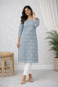 Karigiri Grey Chikankari Cotton Kurti Floral_KF0088