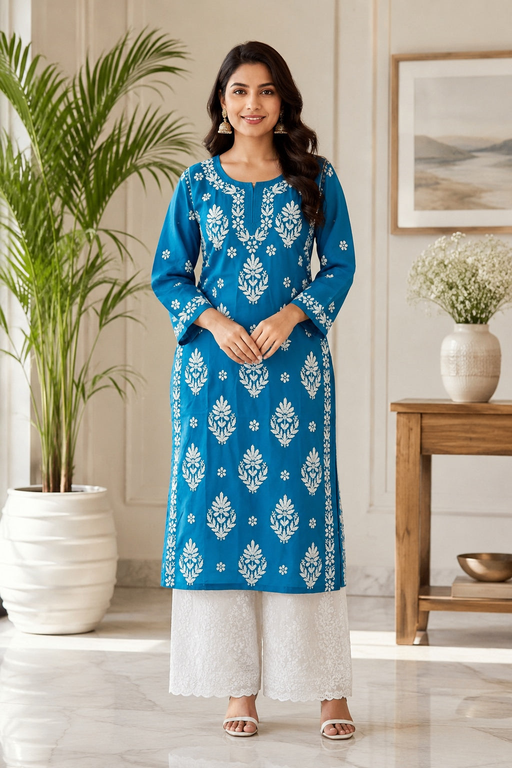 Karigiri Royal Blue Chikankari Mulmul Cotton Kurti_KF0174