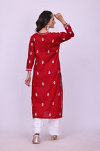 Karigiri Red Cotton Chikankari Kurti Lucknowi_KF0163