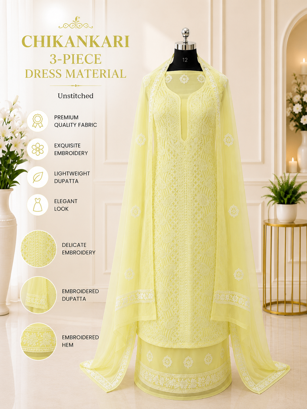 Karigiri Lemon Yellow Chikankari Georgette Dress Material