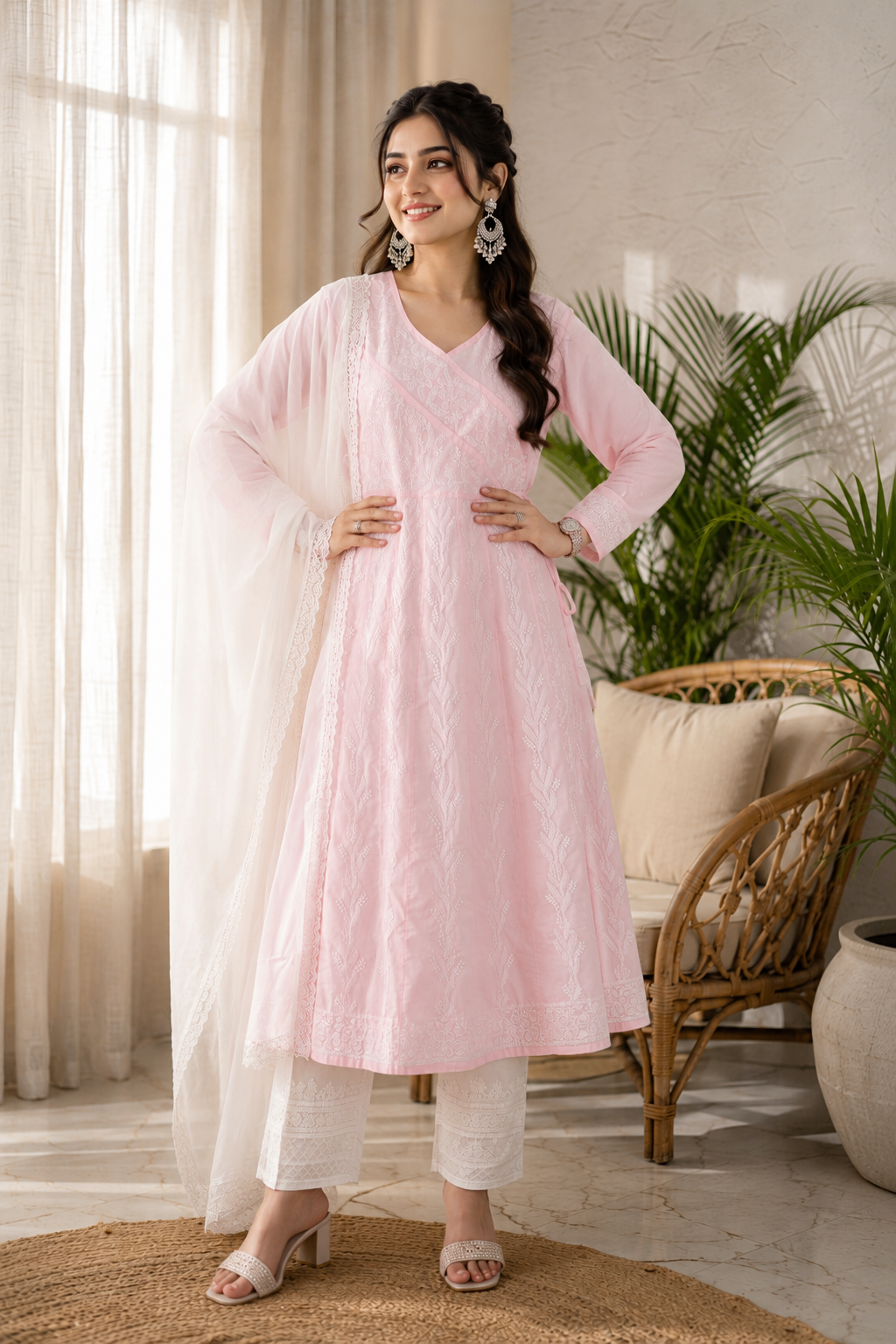Karigiri Baby Pink Hand Embroidered Chikankari Cotton Anarkali Kurti