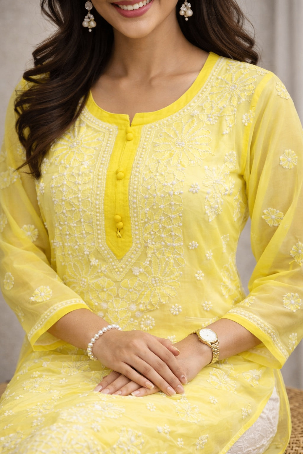 Karigiri Yellow Chikankari Georgette Kurti Women_KF0052