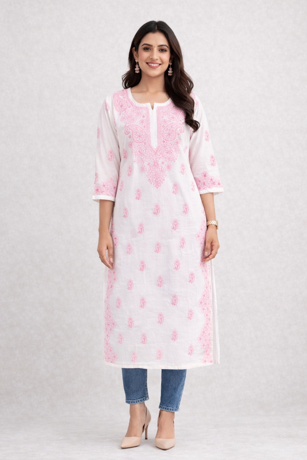 Karigiri White & Pink Chikankari Cotton Kurti_KF0194