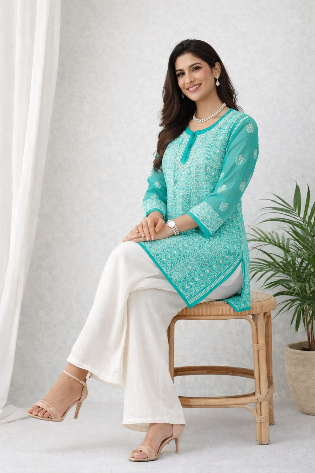 Karigiri Sea Green Chikankari Georgette Short Kurti_KF0178