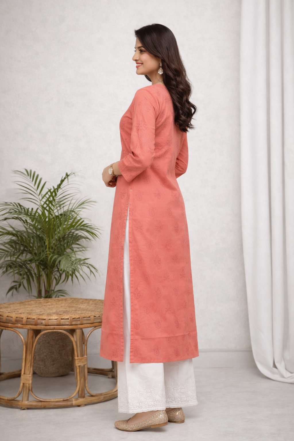 Karigiri Coral Peach Chikankari Cotton Kurti Women_KF0027