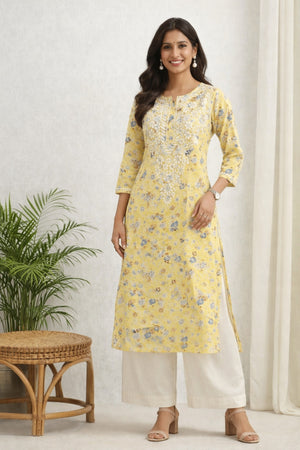 Karigiri Yellow Lucknowi Chikankari Hand Embroidered Long Kurti, Straight Fit, Calf Length, Floral Printed Cotton Fabric, Three-Quarter Sleeves, Round Neck